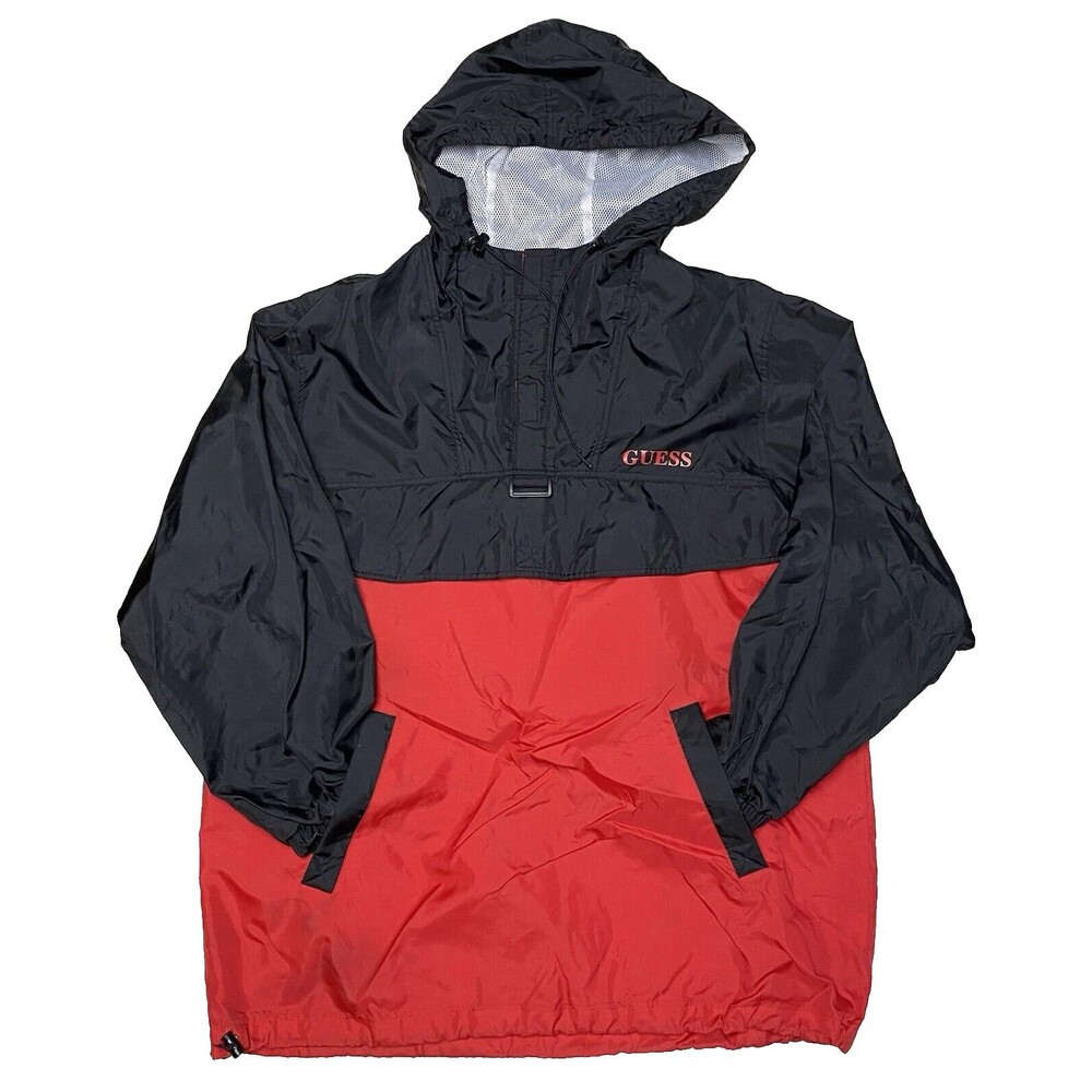 Vintage GUESS Spell out Black Red Nylon Pullover Windbreaker XL Kangaroo Pouch